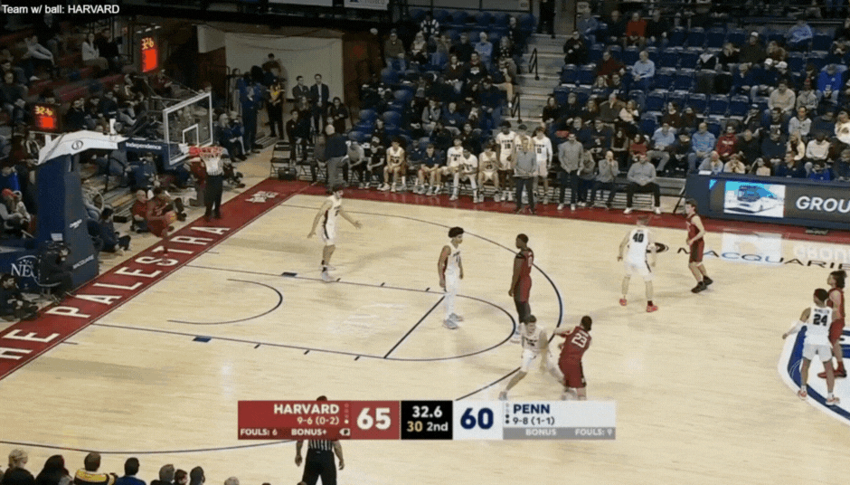 Harvard men's basketball footage with certain players highlighted using special effects