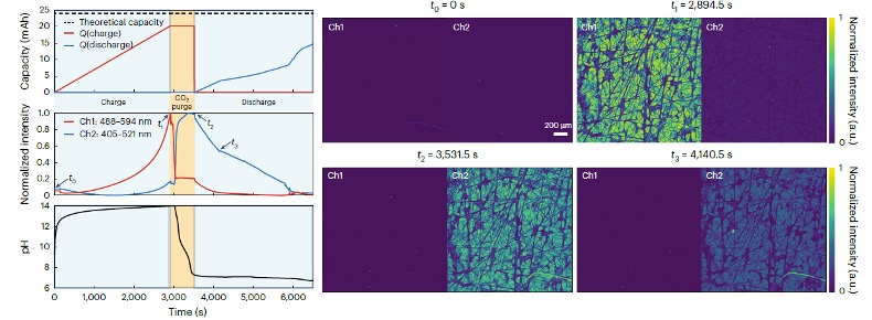 Fluorescence images taken from inside an operating electrochemical CO2 capture/release flow cell alongside measured data