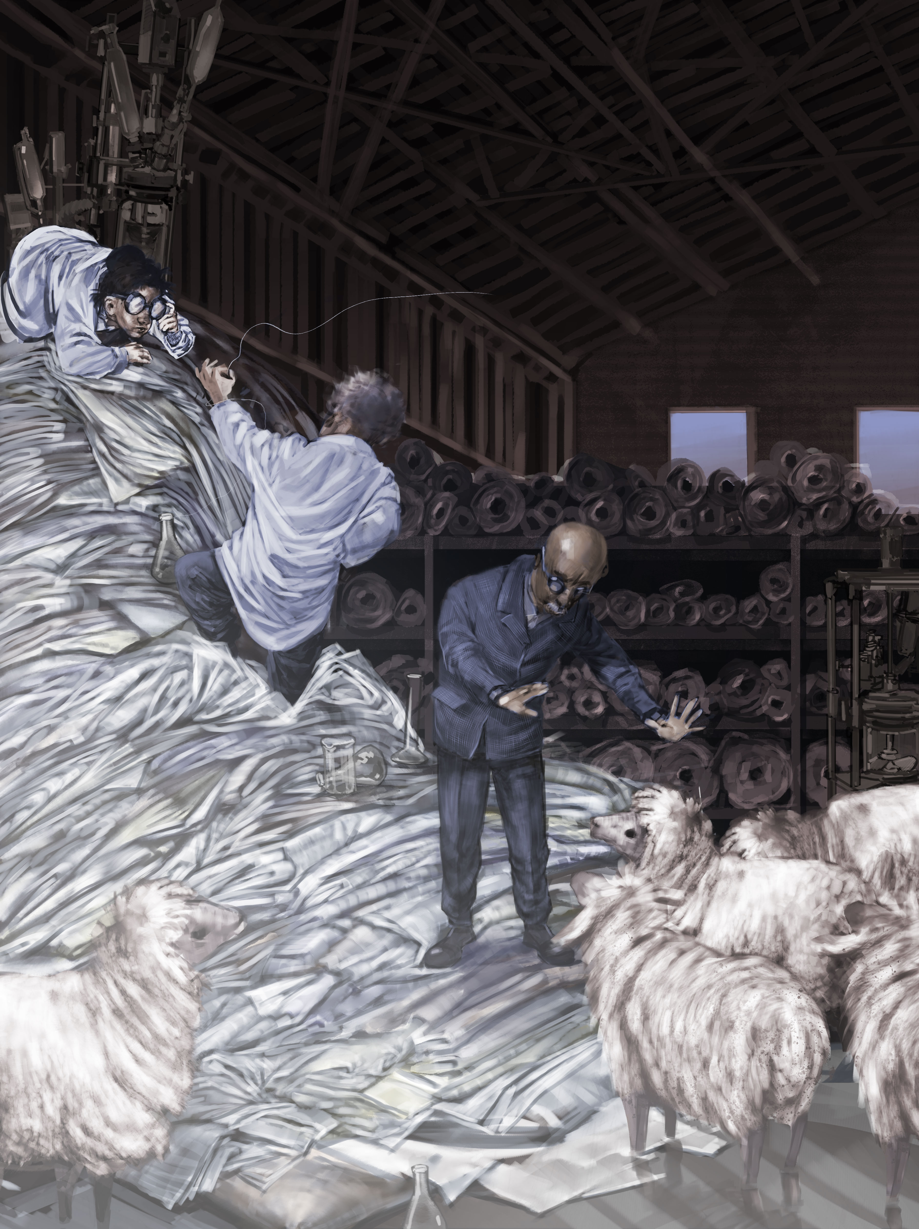 painting of scientists atop a pile of material telling gesturing to sheep 
