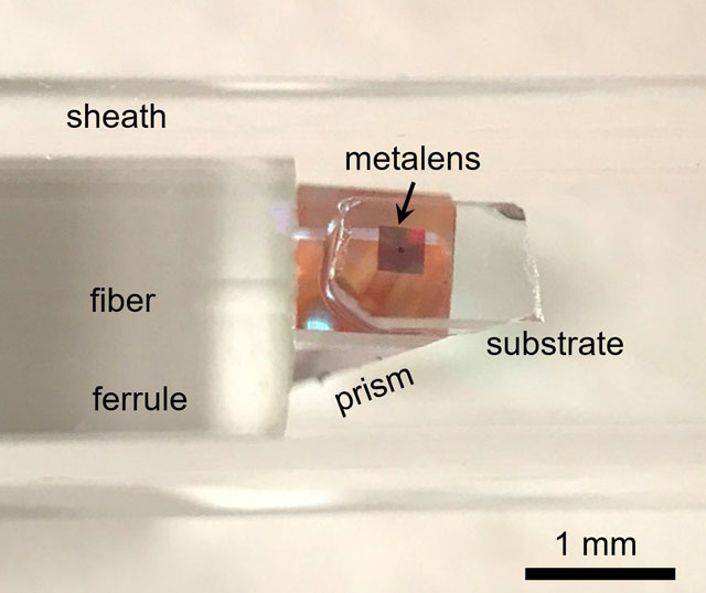 Photographic image of the distal end of the nano-optic endoscope (Credit: Harvard University/Massachusetts General Hospital)
