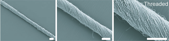Scanning electron microscopy image of nanofibers woven into threads