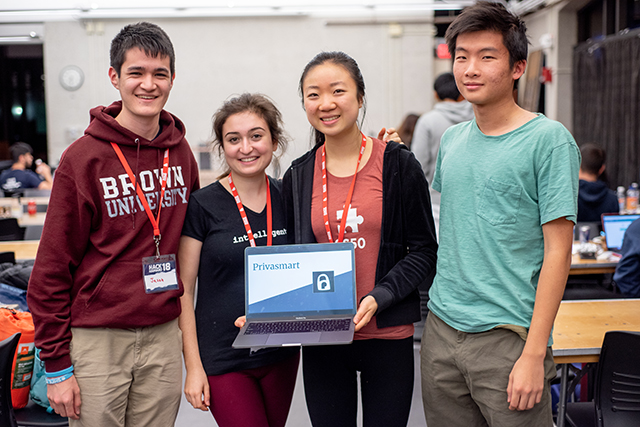 Privasmart team members (from left) Brown University computer science major Jason Crowley, A.B. ’22, Hannah Cole, A.B. ’22, Andrea Zhang, A.B. ’22, and computer science concentrator Randy Yan, A.B. ’22. (Photo by Oleksandr Babii)