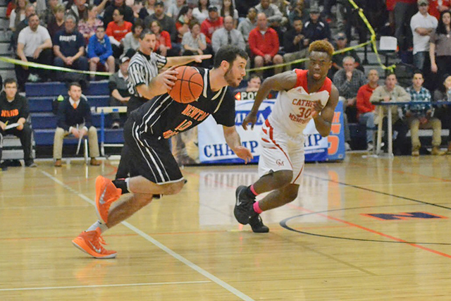 Nate Hollenberg, A.B. ’20, a statistics concentrator with a secondary in computer science, drives the ball down the court during a high school basketball game. (Photo courtesy of Nate Hollenberg)