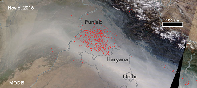 In this satellite image, red dots signify agricultural fires burning upwind of Delhi, India. (Image provided by Daniel Cusworth)