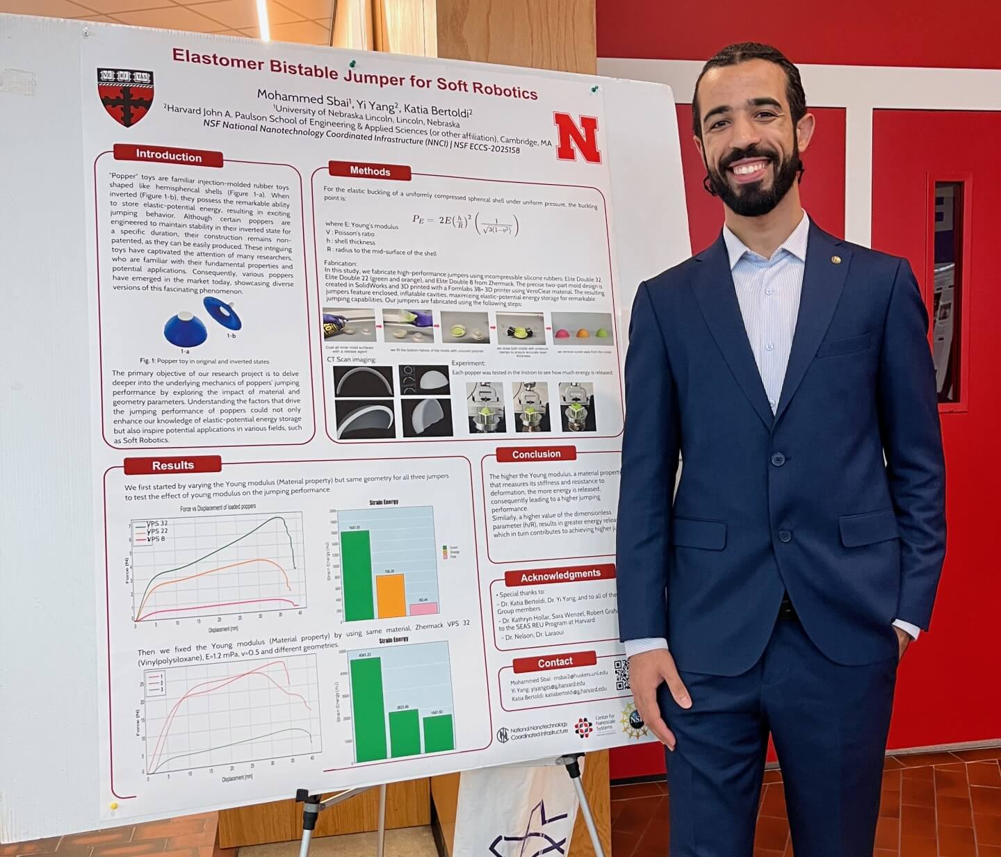 Mohammed Sbai, a senior mechanical engineering major at the University of Nebraska, with his REU research poster