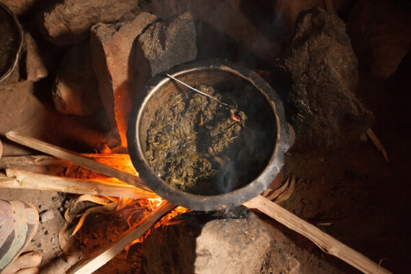 A metal pot containing a leafy green stew sits on top a fire, surrounded by sticks and rocks.