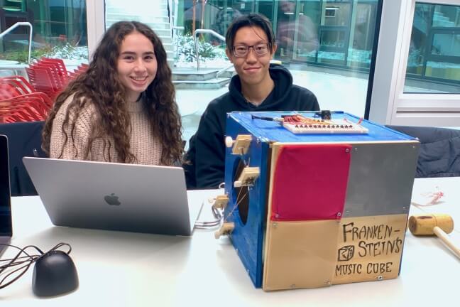 Eliza Knapp and Jonathan Lu with their Frankenstein’s Music Cube