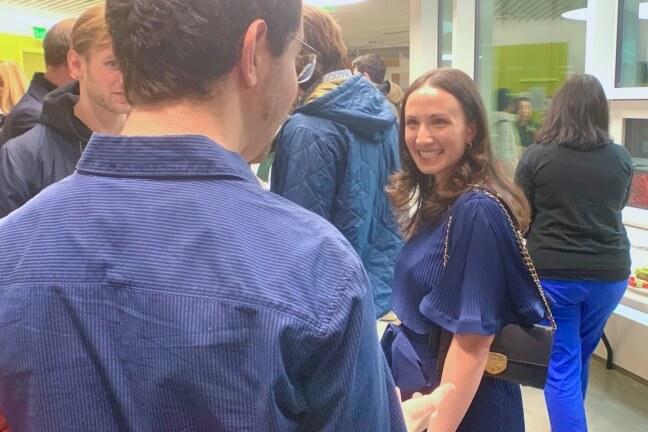 Natalie Meyer, Biospectal’s director of strategic investment and partnerships, chats with a student at a recent Industry Insights panel