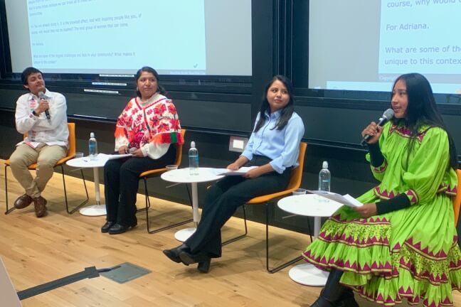 SEAS postdoc Francisco Marmolejo-Cossío, left, leads a panel with Indigenous Mexican researchers Leydi Rojas Martínez, Edna Marlene Martínez Hernández and Rosa Adriana Rivas Castillo