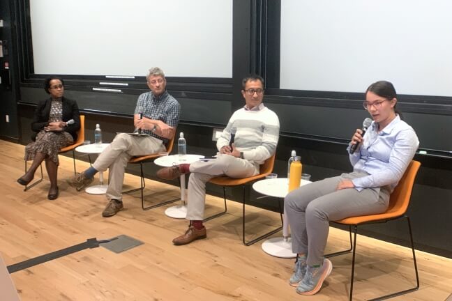 SEAS Assistant Dean for Diversity, Inclusion, and Belonging Paula Booke, left, leads a panel with Joost Vlassak, Abbott and James Lawrence Professor of Materials Engineering, Carlos Rios, professor at Universidad de Ingeniería y Tecnología in Peru, and Sophie-An Kingsbury Lee, A.B. '26