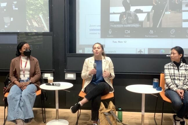 Harvard SEAS student Hana Warner with MIT postdoctoral researchers Abriana Stewart-Height and Jenn Kim