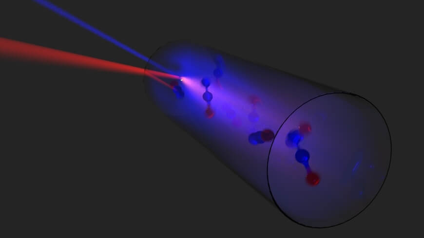 Illustration of the QCL pumped THz laser showing the QCL beam (red) and the THz beam (blue) along with rotating N2O (laughing gas) molecules inside the cavity.