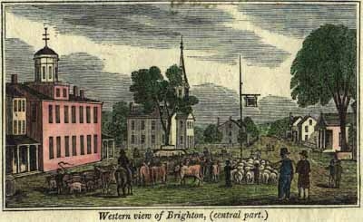 A color drawing of Washington St. in Brighton Center in 1832.