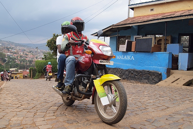 A motorcycle taxi in Rwanda
