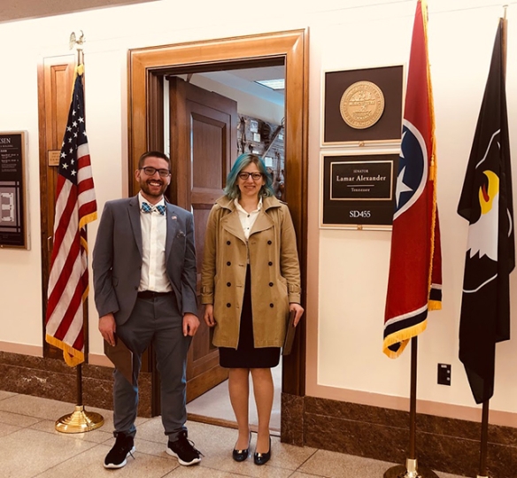 Serena Booth and Willie Boag standing in front of a senator's office in Washington, D.C.