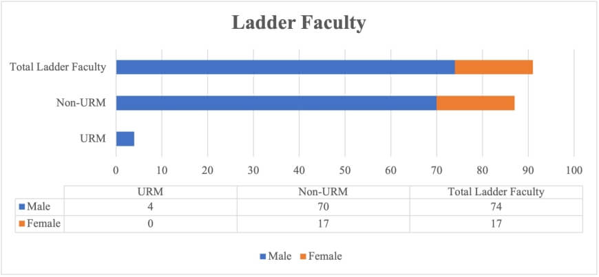 Bar chart displaying number of ladder faculty members identified as under-represented minorities, also broken down by gender, with accompanying data table.