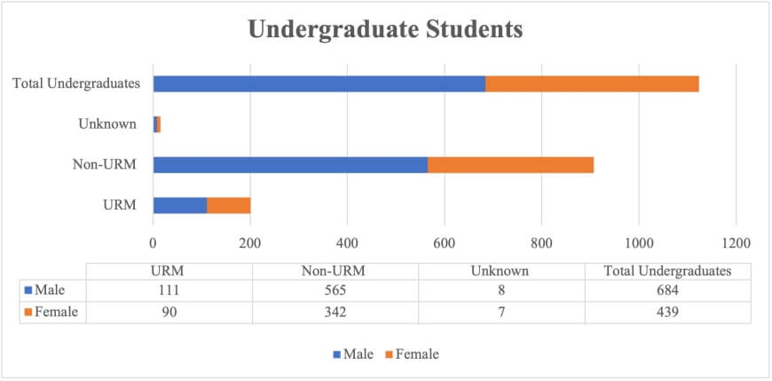 Bar chart displaying number of undergraduate students identified as under-represented minorities also broken down by gender.
