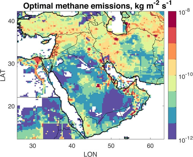 Satellite observations of atmospheric methane concentrations and emissions for the Middle East and parts of North Africa.