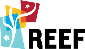 Reimagining Experiential Education and Fabrication (REEF) Logo, which shows seagrass made up by a light blue, yellow, and red polygons with two starfish in the blue and red polygons next to the letters "REEF"