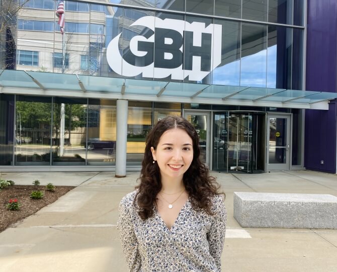 SEAS student Dina Zeldin standing in front of the GBH building in Boston
