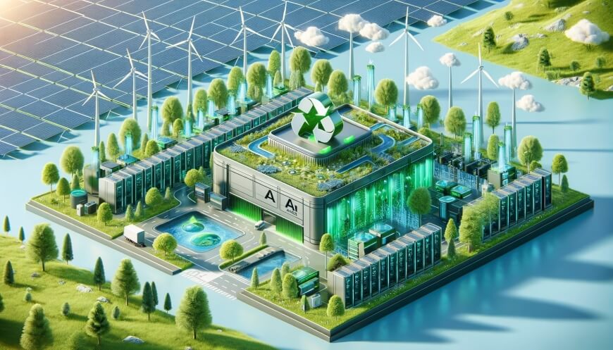 A green energy facility featuring solar panels, wind turbines, and a building with a prominent recycling symbol on the roof. The facility is surrounded by water and greenery.