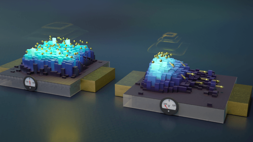 Two square platforms each with a voltage meter reading 0 to 240, display gold electrons moving in response to an electric field 