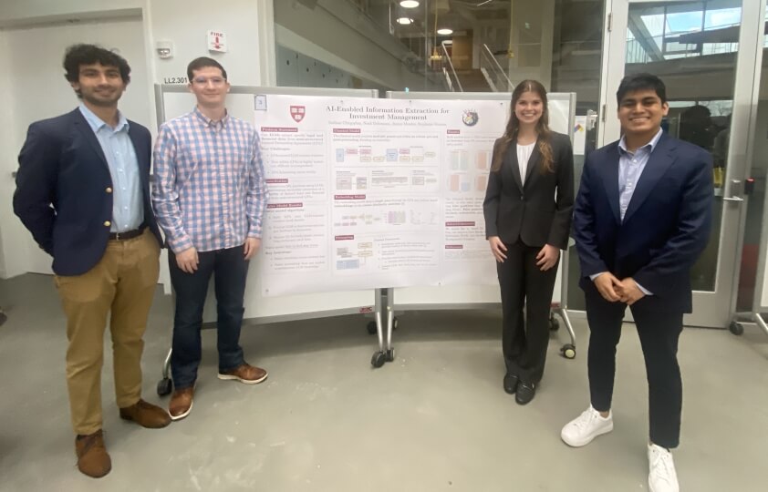 Harvard SEAS students Sudhan Chitgopkar, Noah Dohrmann, Stephanie Monson and Jimmy Mendez with a poster for their master's capstone projects