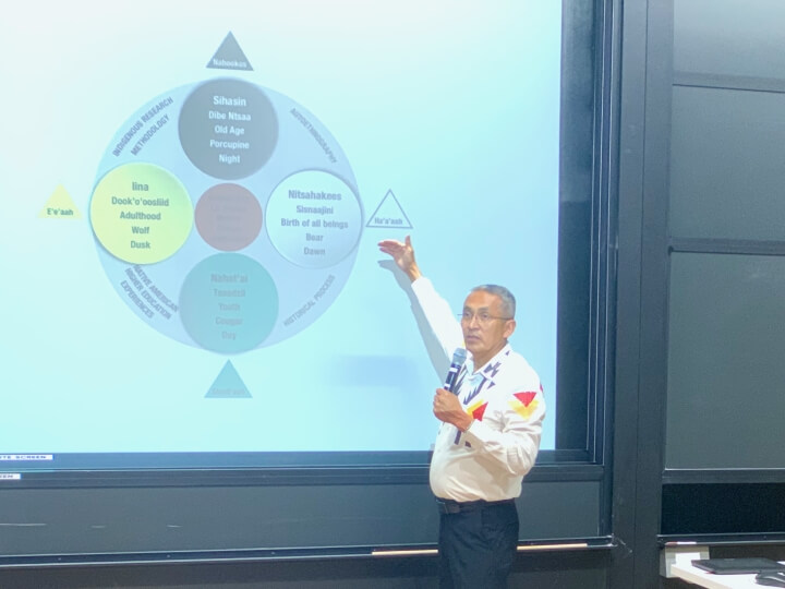 Dr. Franklin Sage, Navajo Technical University Graduate Assistant Professor of Dine' Studies, presents his dissertation at "Beyond Western Approaches: Recognizing Indigenous Traditions in Engineering" at the Science and Engineering Complex