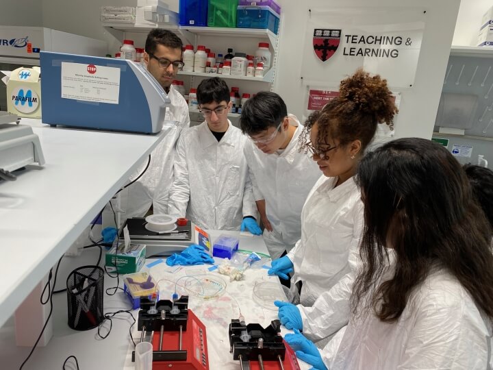 A group of Harvard SEAS students doing bioengineering research in the Active Learning Labs