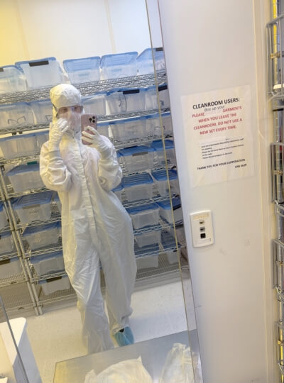 Lana Azar, rising senior computer science and mathematics major at the University of California-Santa Barbara, in her cleanroom suit at SEAS