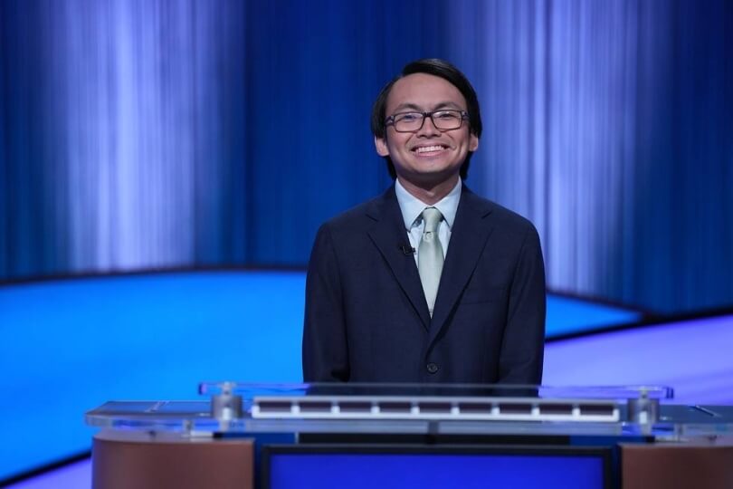 Harvard SEAS alum Paolo Pasco on the set of the game show "Jeopardy!"
