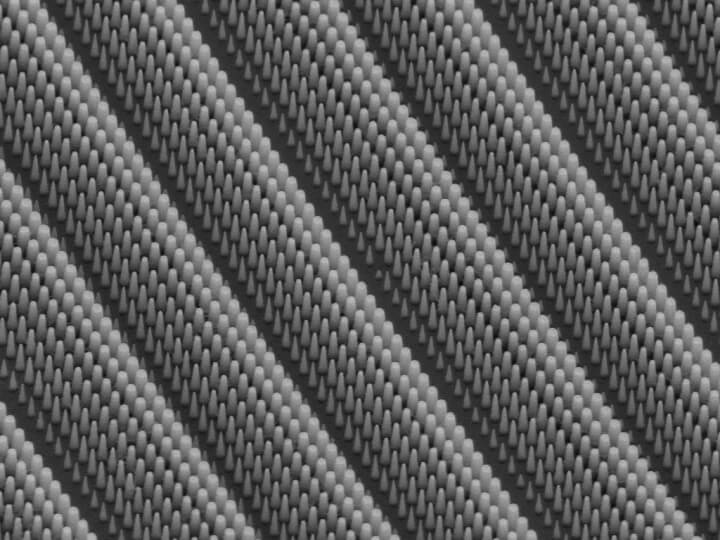 microscopy image of imperfect silica metasurface with non-cylindrical pillars