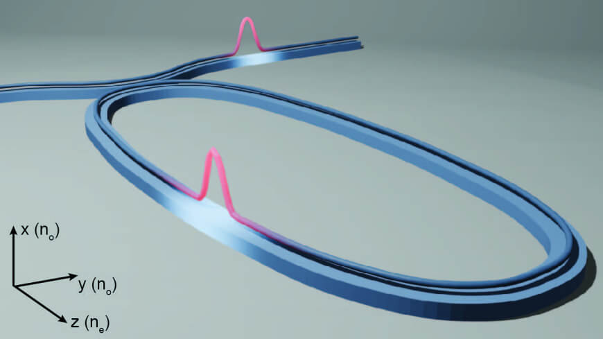 Illustration of  a Raman-suppressed, X-cut thin film lithium niobate racetrack microresonator used for microcomb generation