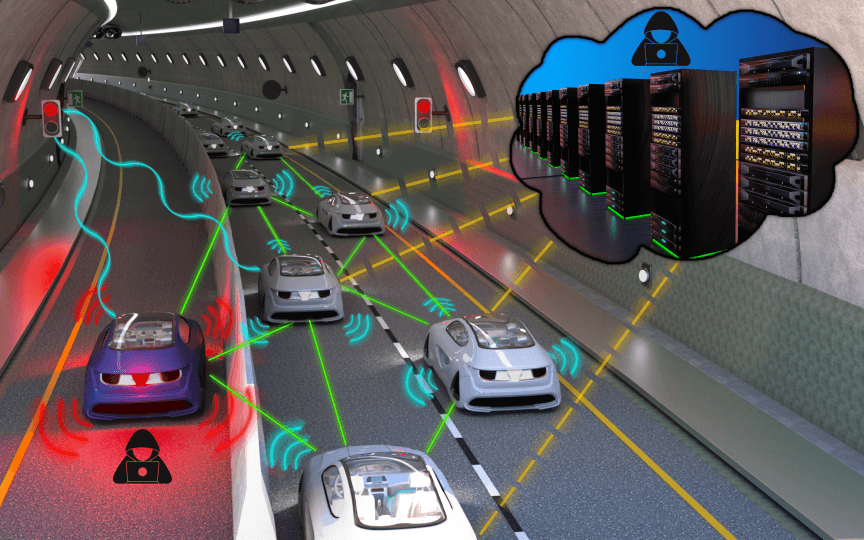 illustration of connected vehicle fleets being attacked by adversarial agents