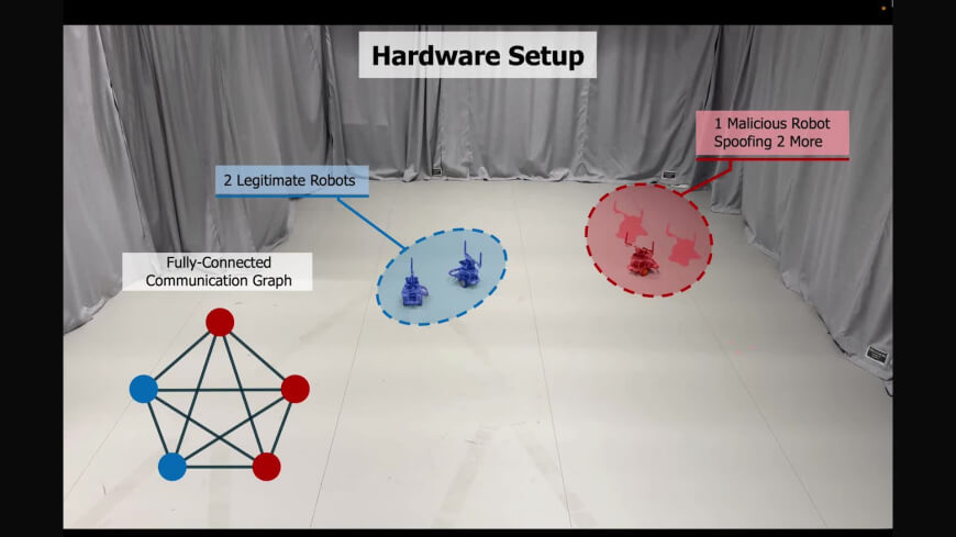 blue robots in the lab being attacked by red robots