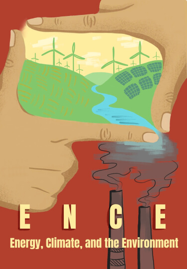 Graphic for Energy, Climate, and the Environment Logo, showing the vision through the hands of problem sovlers to moving to clean energy and environment