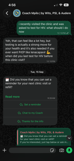 screenshot of chat on the coach mpilo app