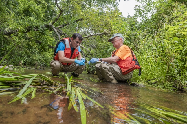 image of researched collecting samples from a creek
