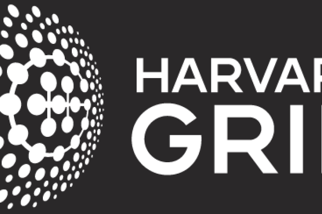 A series of white bubbles in a loose circle shape make up the Harvard Grid logo paired with white "Harvard Grid" text on the right. The logo is against a dark gray background.