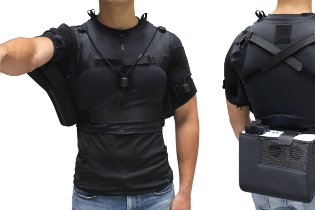 Two torsos wearing a black soft robotics vest. The first figure is able to raise their right arm with the help of the wearable. The second figure shows the technology box equipped at their lower back.
