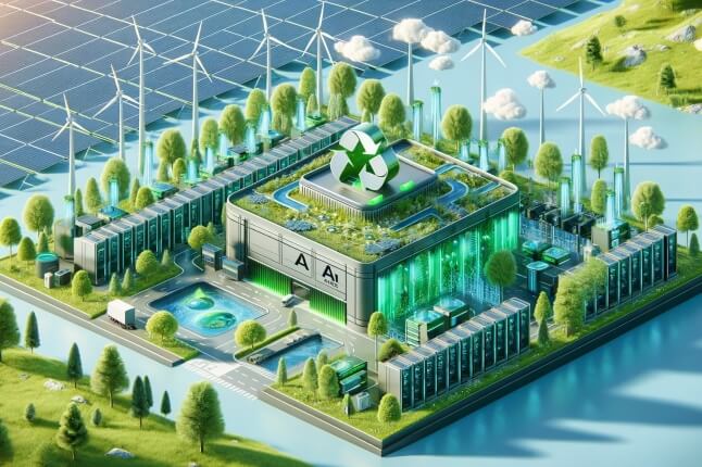 A green energy facility featuring solar panels, wind turbines, and a building with a prominent recycling symbol on the roof. The facility is surrounded by water and greenery.