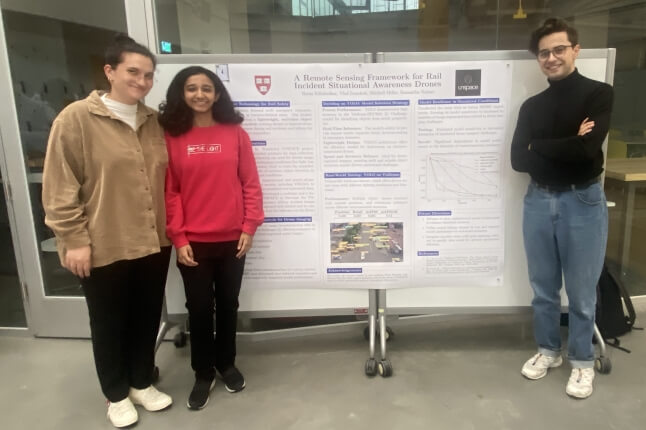 Harvard SEAS students Samantha Nahari, Rama Edlabadkar, Vlad Ivanchuk with a poster for their computational science and engineering capstone project