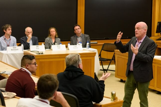 SEAS faculty Robin Wordsworth, Britta Clark and Frank Keutsch at a Harvard Climate Action Week panel on solar geoengineering