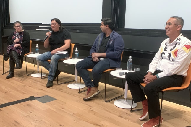 SEAS Ph.D. student and Navajo Technical University (NTU) graduate Robinson Tom speaks at a panel with Ph.D. student Rohan Thakur, Franklin Sage, NTU Graduate Assistant Professor of Dine' Studies, and Kathryn Hollar, SEAS Director of Community Engagement and Diversity Outreach