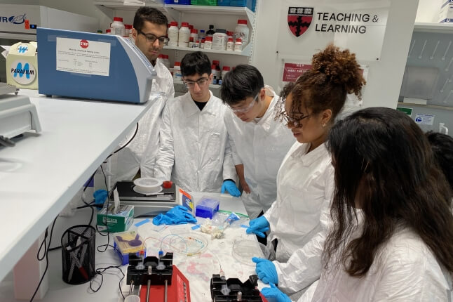 A group of Harvard SEAS students doing bioengineering research in the Active Learning Labs