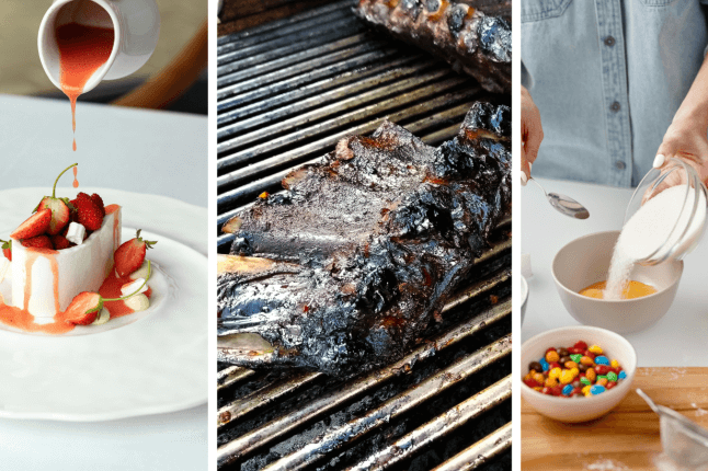 sauce being poured onto a dessert, ribs on a BBQ grill, and sugar being poured into a bowl