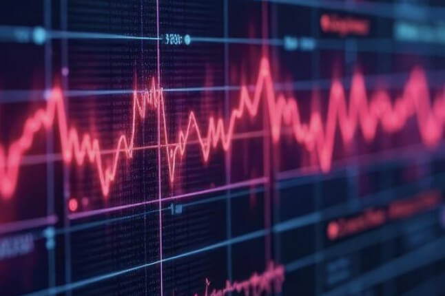 A glowing red waveform fluctuates across a dark, grid-lined computer screen, resembling a data or signal trace overlaid with numerical markers.