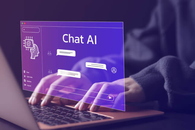 Person typing on a laptop with a translucent purple overlay showing a “Chat AI” interface and floating speech bubbles, symbolizing interaction with an AI chatbot.