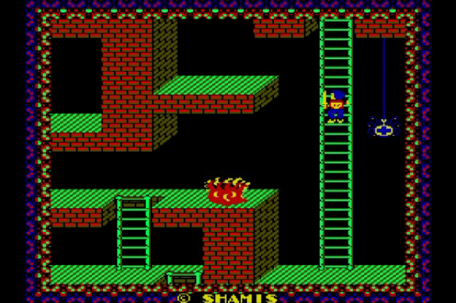 Retro 8‑bit platform game screen showing a small character climbing a tall green ladder between brick platforms. A flaming red monster sits on the middle platform, while a blue swinging object hangs on a rope to the right. Additional ladders and a small box appear below, all framed by a colorful patterned border with the text “© SHAMIS” at the bottom.
