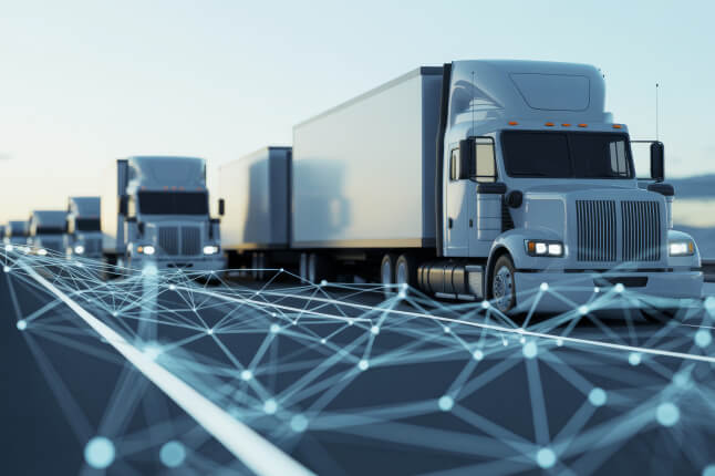 illustration of a fleet of autonomous trucks